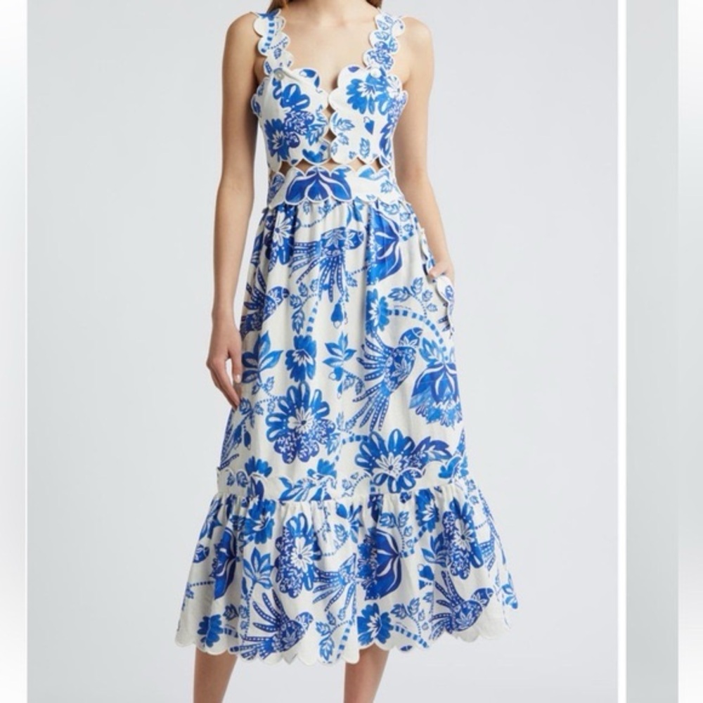 FARM Rio White and Blue Floral Midi Dress
